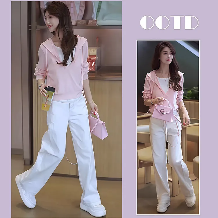 早春时尚假两件V领连帽慵懒风韩版宽松减龄针织衫长袖百搭女上衣