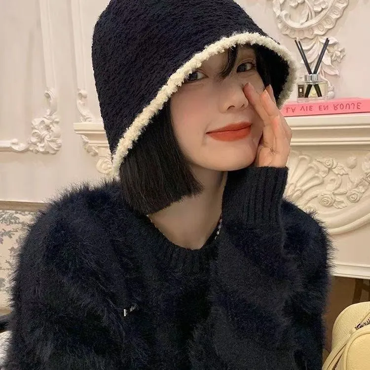 新款大头围水桶帽日系显脸小帽子黑色针织毛绒渔夫帽百搭加厚保暖