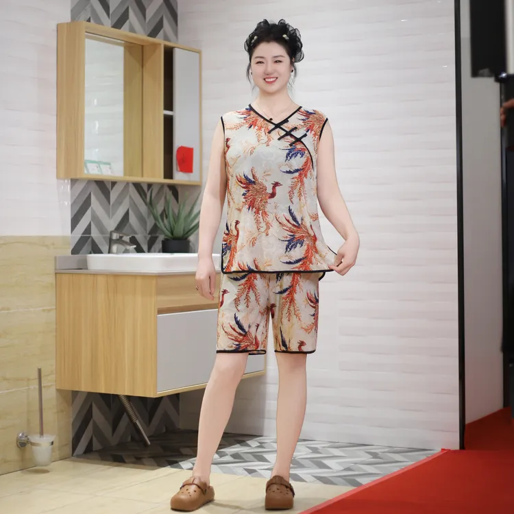 新款国风盘扣新中式睡衣套装女外穿家居服无袖冰丝网眼速干