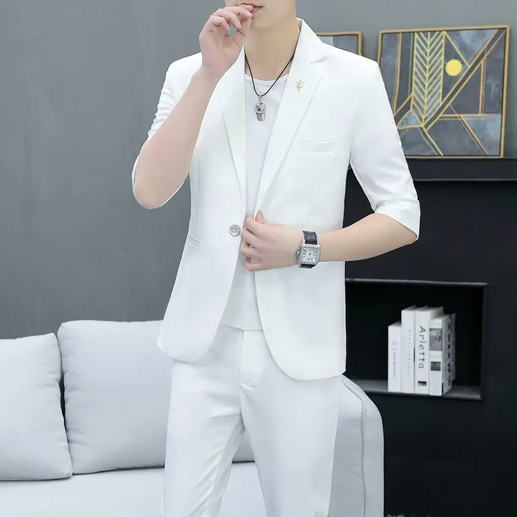 夏季七分袖西服套装男士韩版修身中袖薄款男装外套休闲短袖小西装