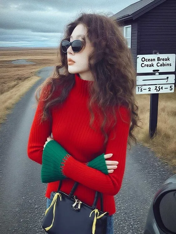 韩系漂亮秋冬轻熟针织上衣设计感拼接撞色喇叭袖红色高领修身毛衣