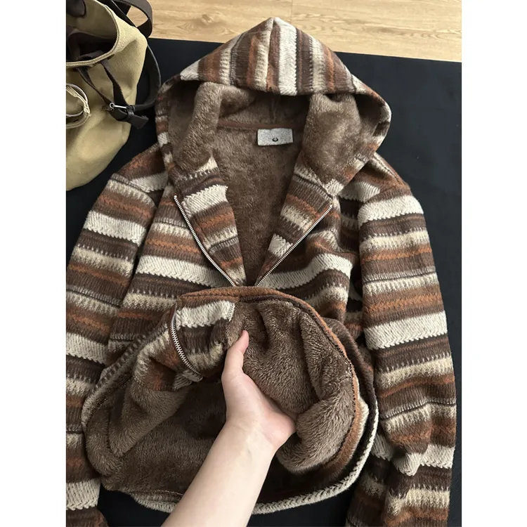 高级感撞色条纹针织开衫卫衣男女款冬季加绒加厚连帽衫上衣厚外套
