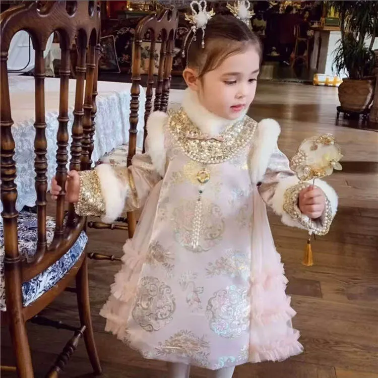 女童冬款加绒汉服旗袍连衣裙新年古装保暖唐装中小童长袖公主裙聚