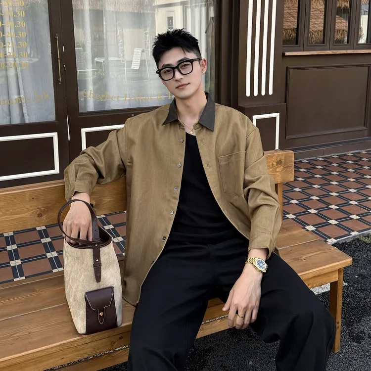 ZEEV【西西里午后】莱赛尔混纺慵懒拼接皮革宽松廓形衬衫外套