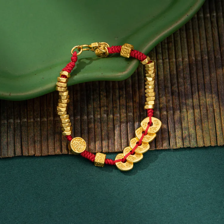 合金布艺手链 五帝钱盘缠红绳手链招财黄金色新中式吉言编织手串