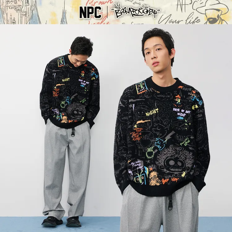 NPC潮牌发泡满印涂鸦圆领针织毛衣男潮流宽松舒适秋上新NP57SW53