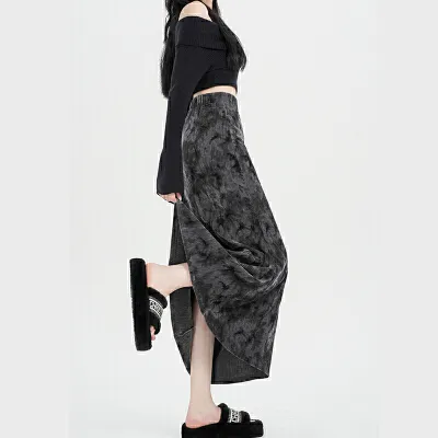 灰色丝绒扎染半身裙女秋冬季2025新款高腰a字直筒包臀长裙鱼尾裙