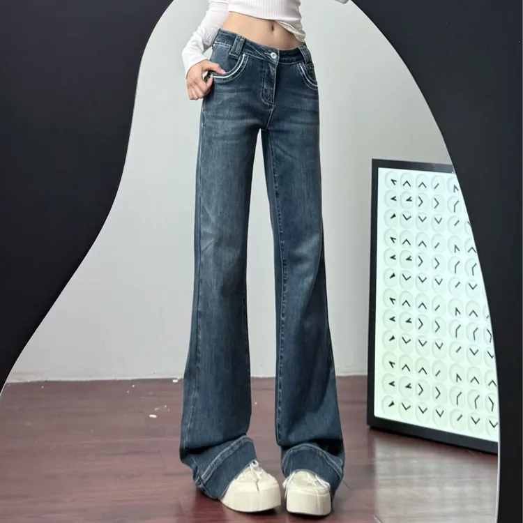2025年早秋新款低腰水洗猫须牛仔裤女复古弹力微喇显瘦拖地裤8508