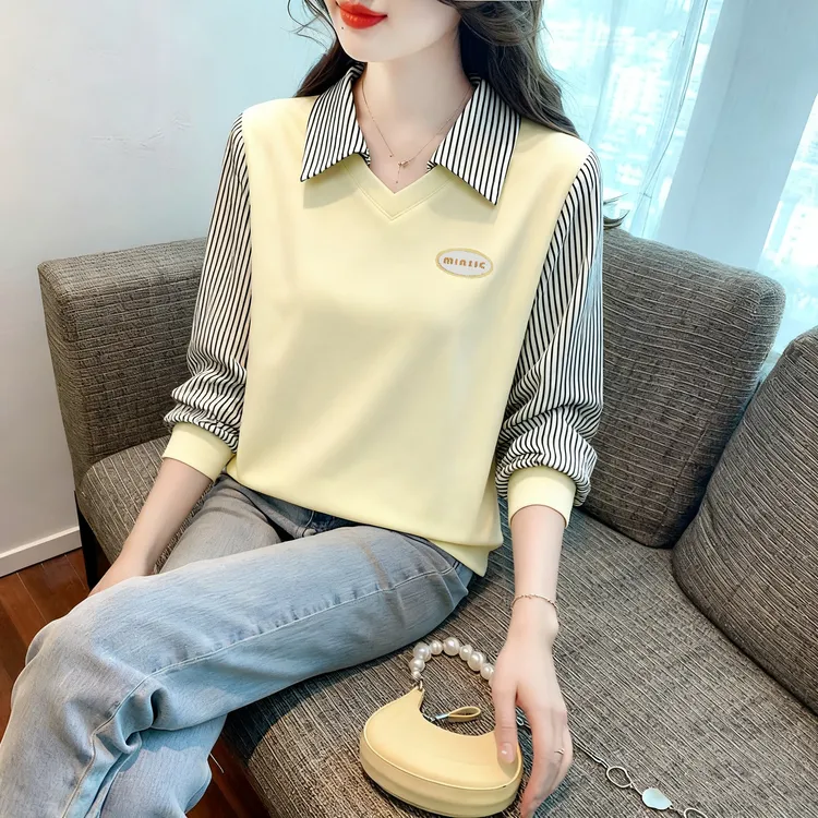 洋气假两件拼接长袖T恤女装秋季爆款2025百搭薄款秋衣POLO领上衣