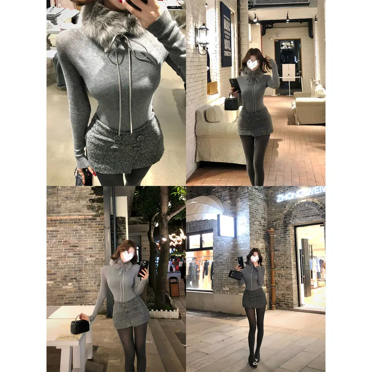 【北国雪夜】高领打底衫上衣针织毛衣女秋冬季新款A字半身裙两件套