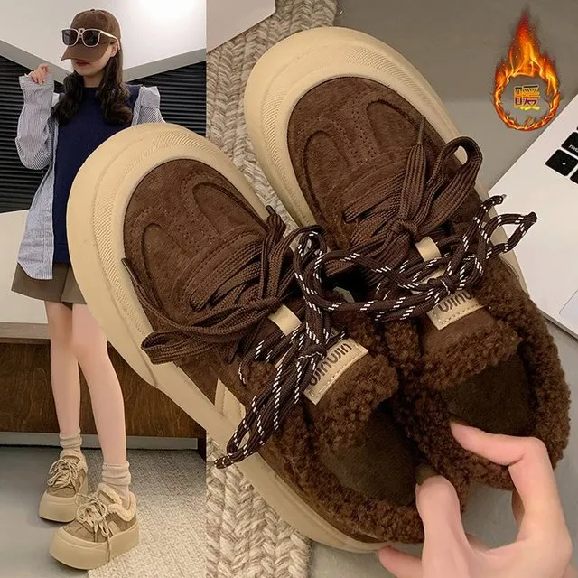 2025冬季新款加绒系带厚底休闲鞋女平底舒适保暖学生板鞋运动鞋女