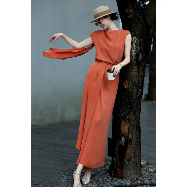 2025夏季欧洲站法式女装设计飘带时尚背心优雅半身裙铜氨丝套装裙