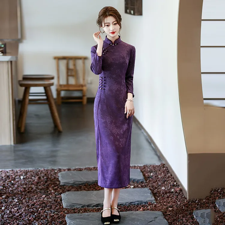 紫色妈妈装国风中式长款秋季长袖旗袍2025新款女复古修身收腰秋冬