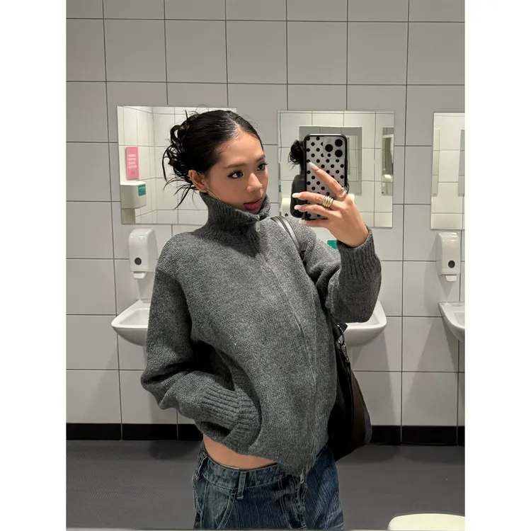 F383 美式复古立领拉链开衫毛衣男女宽松休闲慵懒风针织衫外套ins