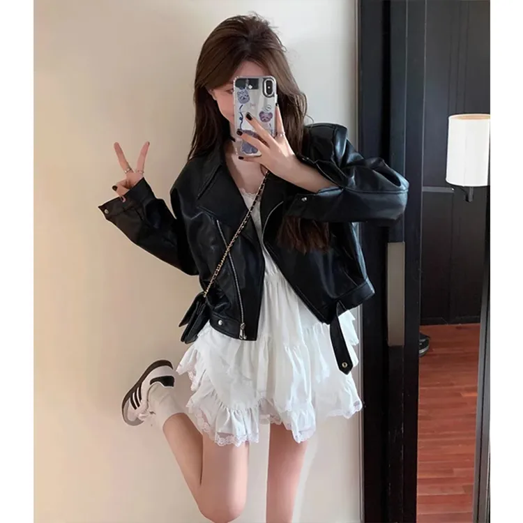 酷辣风机车皮衣外套女短款春秋季爆款黑色复古翻领修身百搭上衣潮
