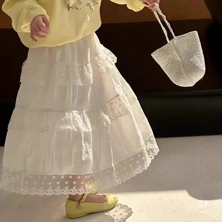 女童装夏款裙子2025女大童洋气蕾丝裙子儿童拼接半身裙中长款裙子