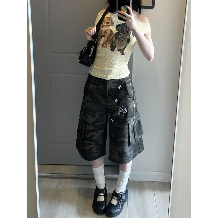 微胖mm多口袋迷彩工装七分裤女夏季新款美式复古宽松休闲阔腿中裤