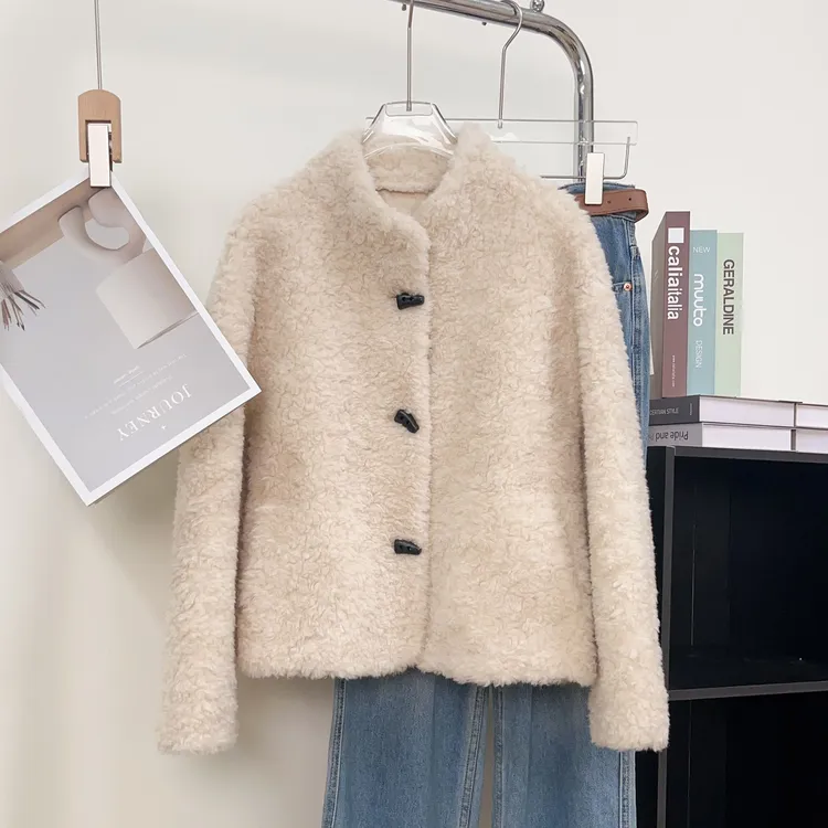 Y17绵羊毛100%羊剪绒外套立领颗粒绒短款上衣2025冬季款