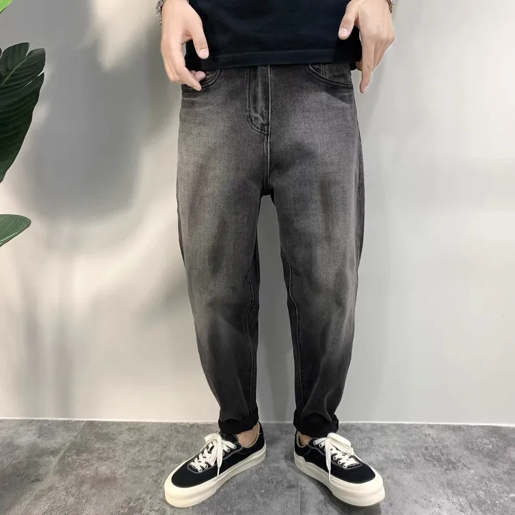 高品质渐变潮流水洗牛仔裤男士宽松锥形裤做旧烟灰色老钱风哈伦裤