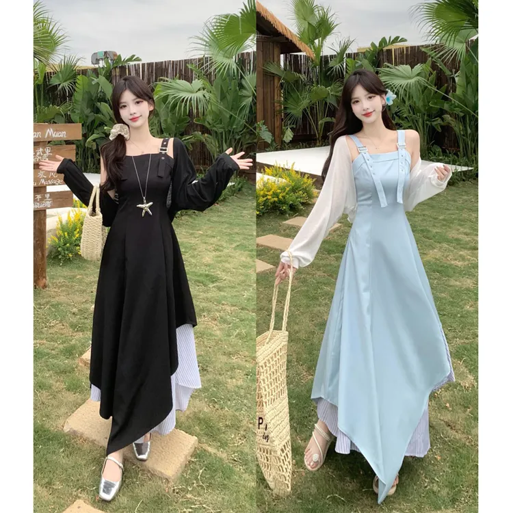 大码夏季新款英伦风不规则裙摆可调节背带连衣裙无袖连衣裙开衫仙