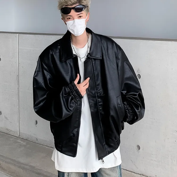 美式复古cleanfit短款垫肩皮衣外套男秋冬季夹棉高级感宽松皮夹克