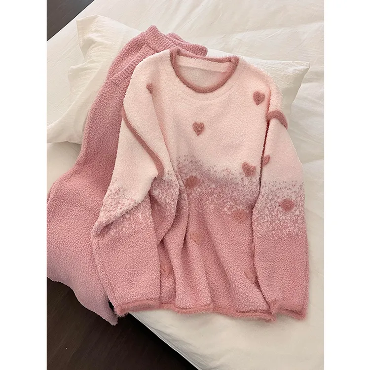 韩系甜美清新渐变爱心睡衣女秋冬爆款半边绒长袖可外穿家居服套装