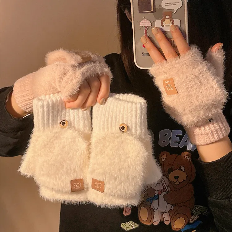 露指可翻盖毛绒手套女士冬2025新款学生骑行可触屏加厚保暖情侣款