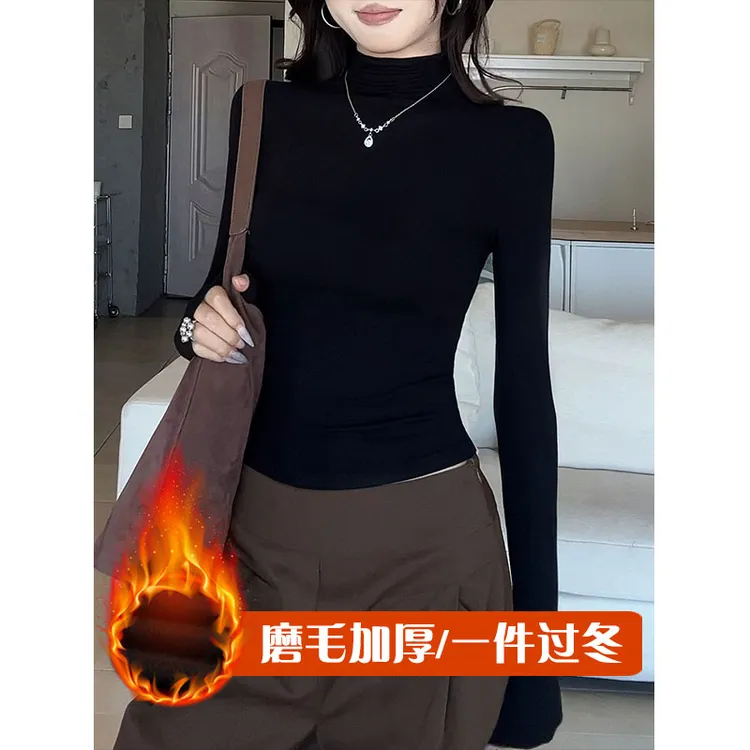 黑色半高领螺纹长袖t恤秋冬季新款百搭打底衫女修身显瘦内搭上衣
