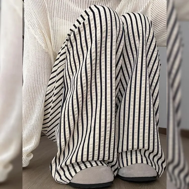 黑白条纹阔腿裤女夏季2025薄款高腰垂感宽松直筒裤慵懒风显瘦长裤