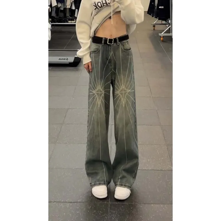 美式高街cleanfit炸街蜘蛛网设计裤子黑色牛仔裤男直筒阔腿长裤潮