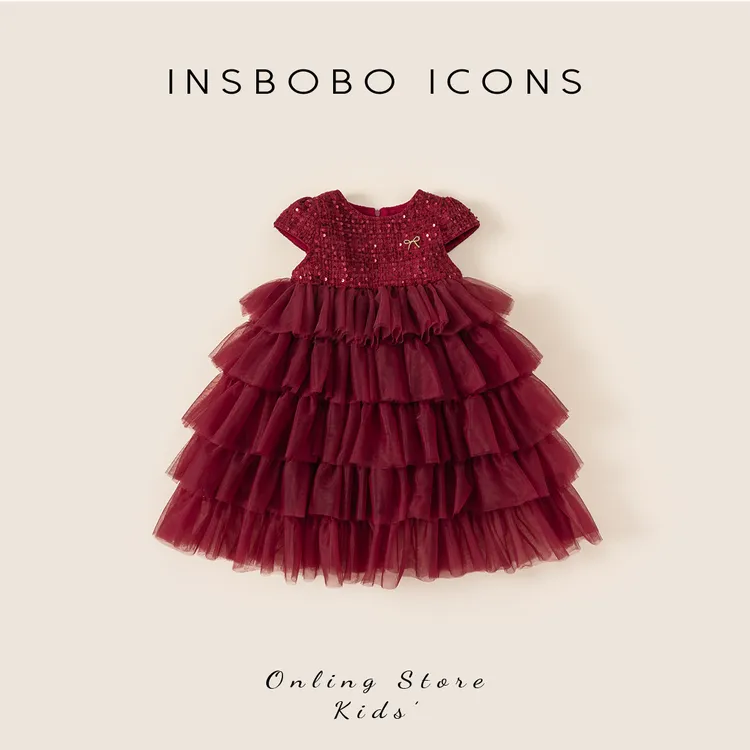 INSbobo女童公主裙红色洋气女宝蓬蓬裙圆领短袖亮片网纱裙DQ25064