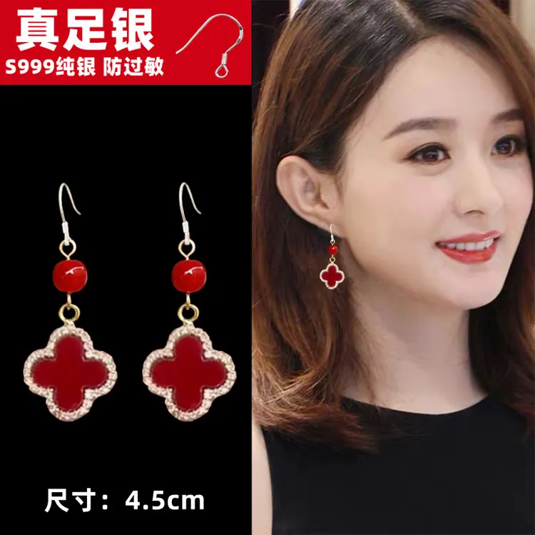 合金耳饰 四叶草耳环女999纯银耳钩防过敏气质百搭耳饰新款潮耳扣