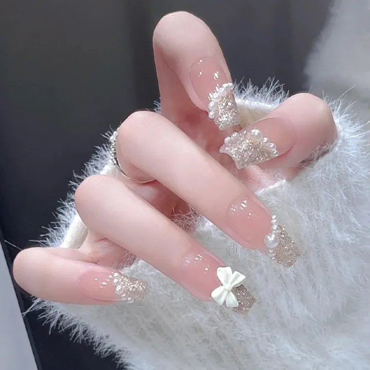 高级感手工穿戴甲贴片珍珠蝴蝶中长款显白美甲气质