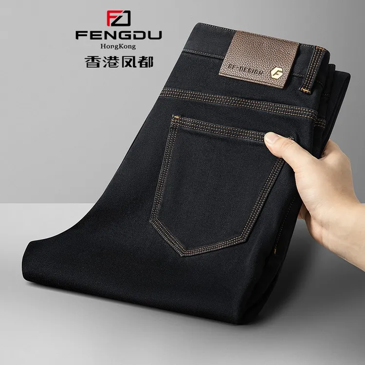 香港凤都轻奢明线秋冬男士弹力男士港风弹力牛仔裤百搭修身宽松