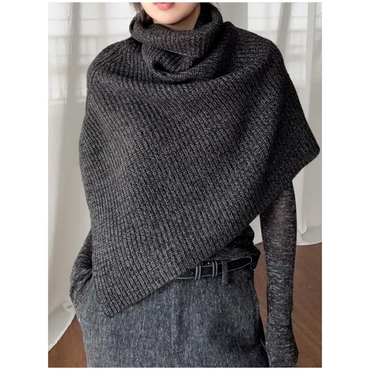 深灰色高领针织围巾女冬季高级感叠穿开叉套头脖套披肩斗篷围脖厚
