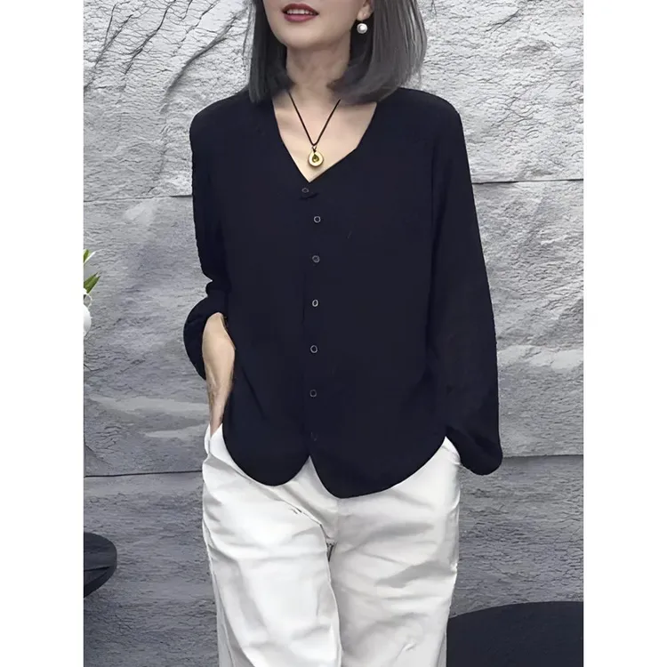 欧货大牌时尚洋气V领纯黑简约韩版气质宽松显瘦高级感长袖上衣女