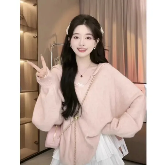 慵懒风粉色毛衣女秋冬2023新款宽松软糯奶fufu海军领针织衫上衣