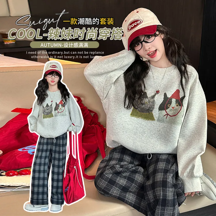 女童春秋新款韩系卡通小猫卫衣套装大童女孩洋气休闲格子裤两件套