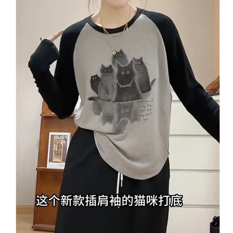 大码200斤韩版小众插肩袖正肩印花长袖t恤女秋季百搭显瘦简约上衣