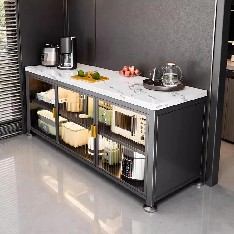 厨房置物架加厚雪山岩板餐边储物柜落地多层一体收纳碗柜微波炉架