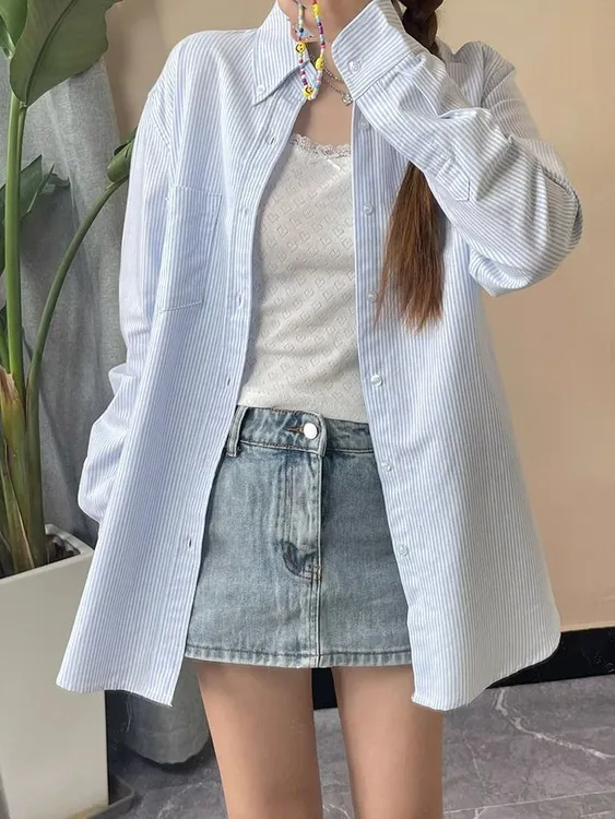 蓝白条纹长袖衬衫上衣外套女春秋季外搭宽松显瘦薄款日系开衫衬衣