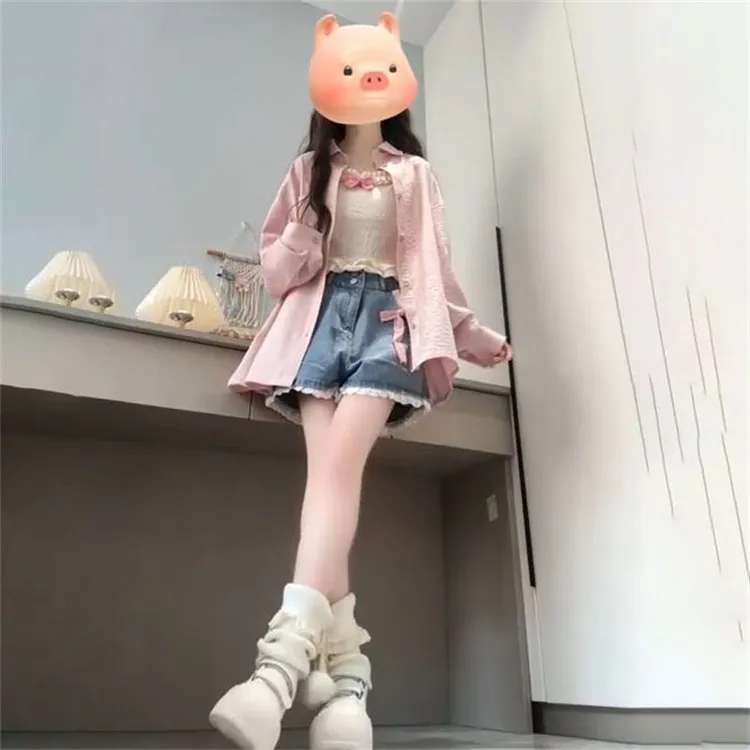 韩系穿搭一整套学院风粉色衬衫女学生叠穿结吊带牛仔短裤