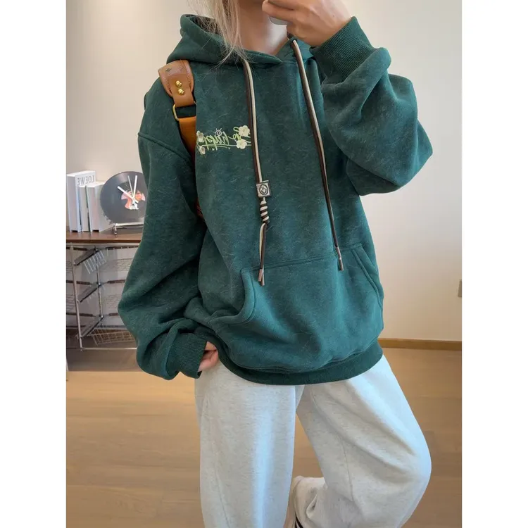 重磅砂洗刺绣连帽卫衣男秋潮牌设计感休闲帽衫美式慵懒风百搭上衣