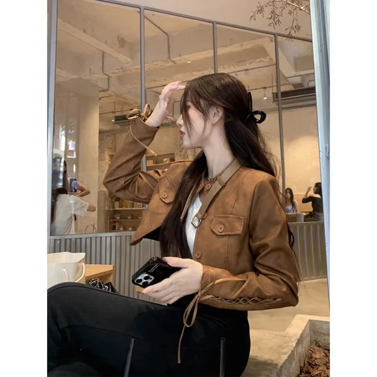 设计感棕色复古皮衣外套女秋冬小个子港风短款鹿皮夹克上衣