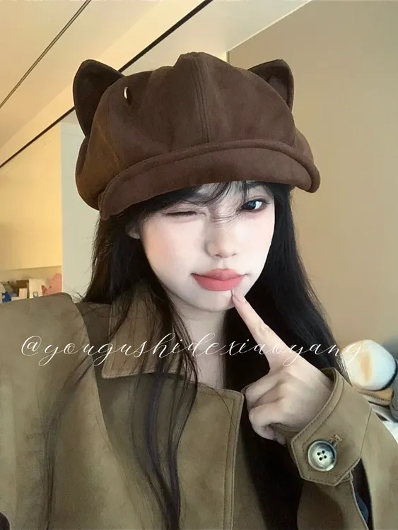 小羊家复古可爱麂皮绒猫耳朵贝雷帽女秋冬季显脸小画家帽百搭帽子