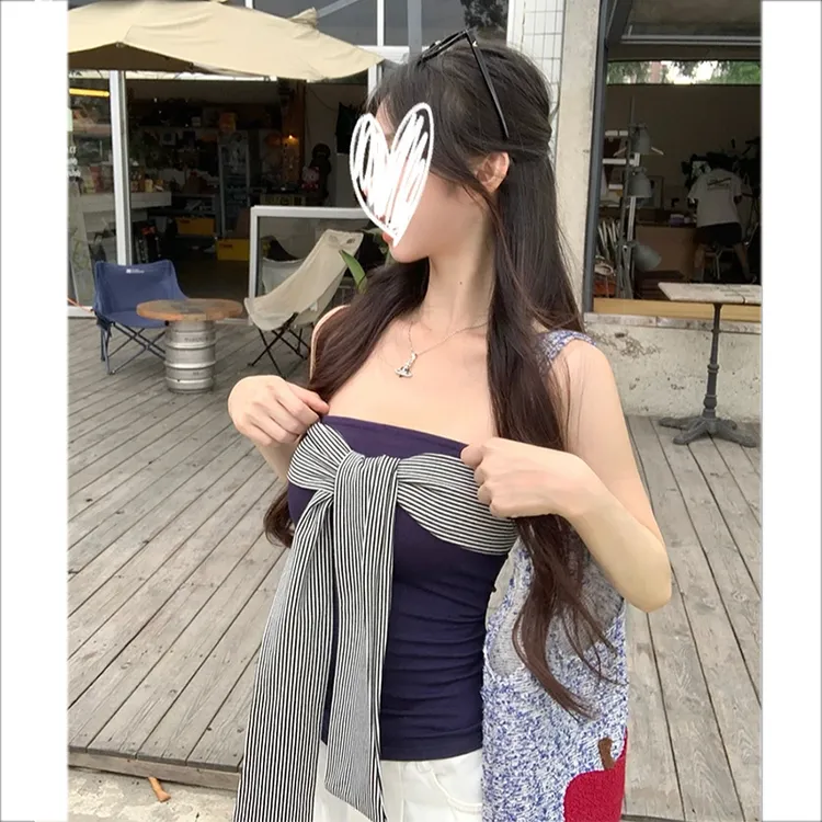 韩系复古露背条纹绑带拼接设计感背心吊带女装夏季修身显瘦小上衣