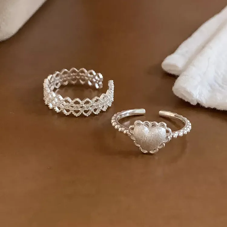 925银戒指 lulus925银拉丝爱心戒指女 ins风韩系甜美百搭小众蕾