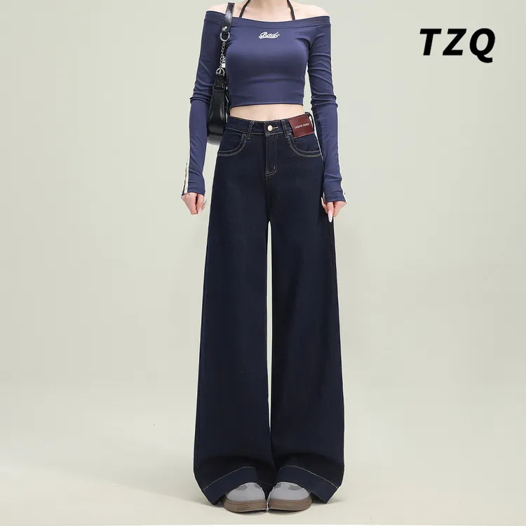 深蓝色阔腿裤女2025春秋季新款高腰显瘦时髦直筒牛仔裤TZQ122613