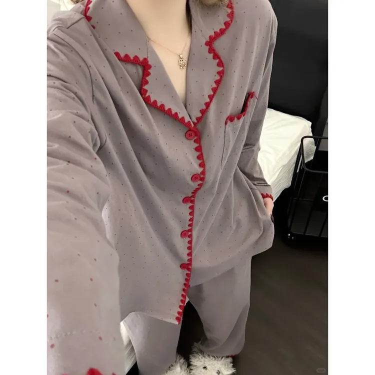 韩系设计感波点撞色睡衣女2025春秋季新款大码宽松舒适家居服套装