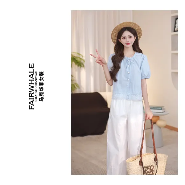 马克华菲女装夏季2025经典圆领拼接蕾丝花边小衫F52003A506  qq